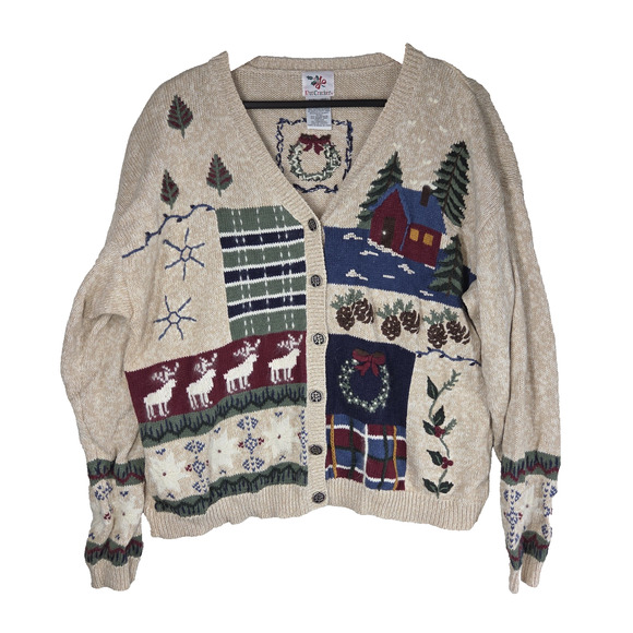 Vintage Sweater Nut Cracker Cardigan XL Beige Christmas Party Deer Forest Cabin - Picture 1 of 11